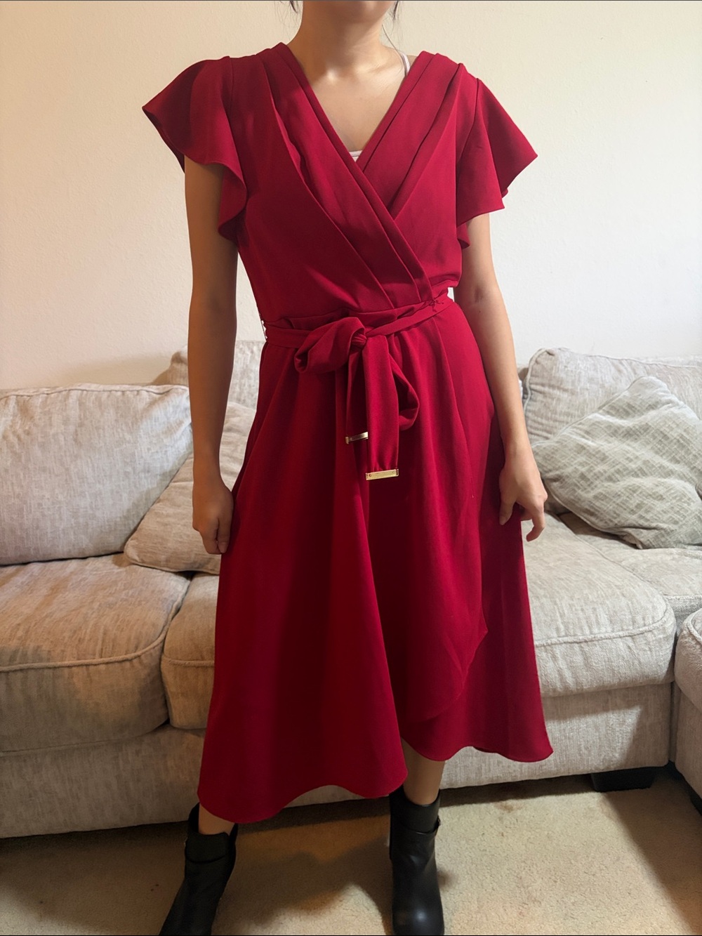 Women’s Red Wrap Midi Dress with Tie Waist